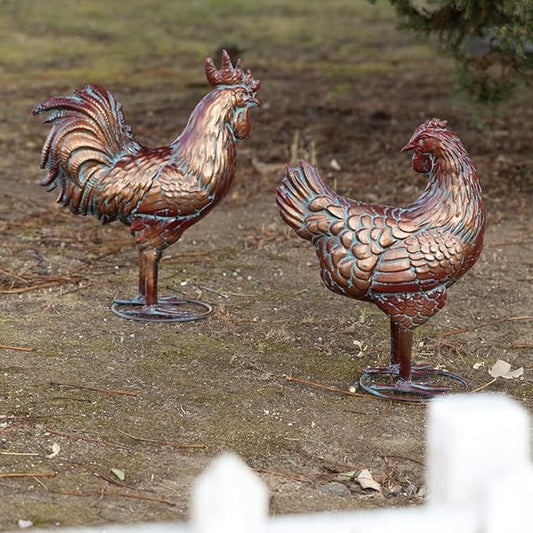 Metal Chicken Decor for Yard and Garden Large Rooster & Hen Garden Statues & Sculptures Antique Copper Outdoor Chickens Yard Art for Backyard Patio Lawn Home Kitchen Farmhouse Decorations