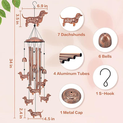 Dachshund Dog Wind Chimes Outdoor Weiner Dog Gifts for Women Men Mom Dad Best Birthday Unique Gardening Gifts Metal WindChimes for Outside/Indoors, Lawn, Patio, Home, Yard Decor, Garden Decorations