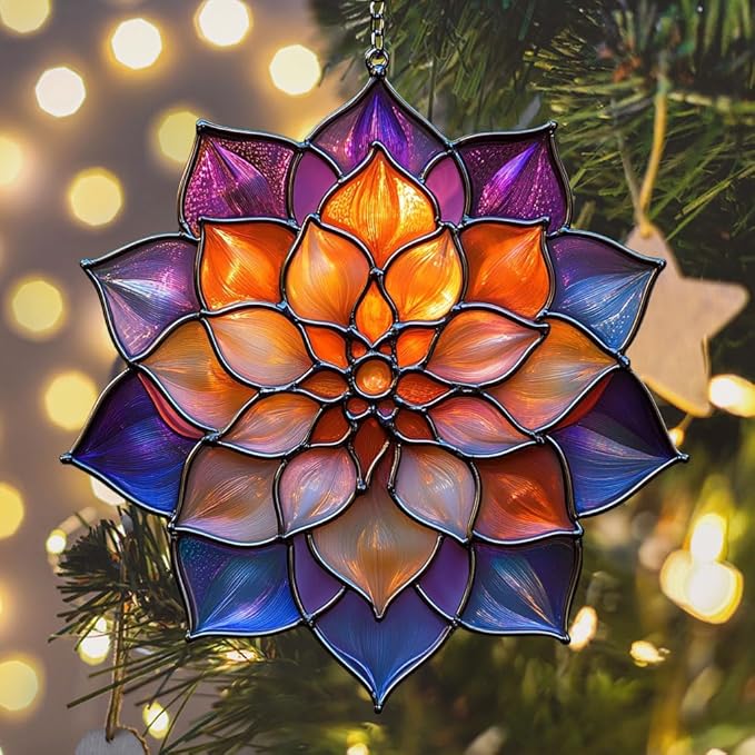 Mosaic Effect Dahlia Starburst Acrylic Suncatcher Stained Glass Effect Window Car Hanging Christmas Ornament Indoor Outdoor Decor Garden Sun Catcher Panel for Floral Lover for Women Mom Grandma
