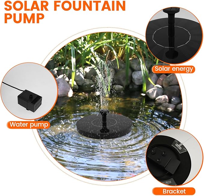 Solar Bird Bath Fountain Pump, Solar Water Fountain with 7 Nozzles & 3 Fixed Rods, Energy Efficient 7V/1.4W Solar Water Pump, Suitable for Bird Bath, Garden, Courtyard, Fish Tank, Outdoor