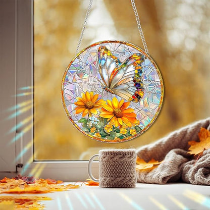 Banax Stained Glass Window Hanging Sunrise Suncatcher, 8 Inch Round Sunflower Glass Sun Catcher for Window Wall Art for Home, Patio, Porch, Outdoor Garden Décor Gift