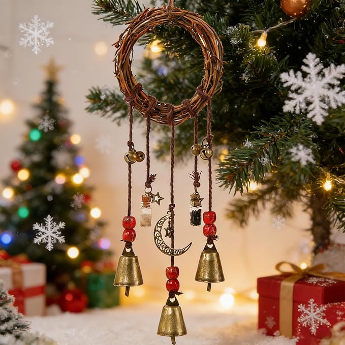 2 Pieces Witch Bells for Door Knob for Protection Hanging Bell Wind Chimes Handmade Decorative Bell for Boho Home Room Witchy Decor (Retro red)