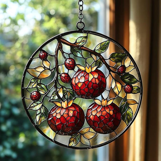 Cottage Pomegranate Acrylic Suncatcher Stained Glass Effect Window Car Hanging Christmas Ornament Indoor Outdoor Decor Garden Sun Catcher Panel for Acrylic Suncatcher Lover for Women Mom Grandma