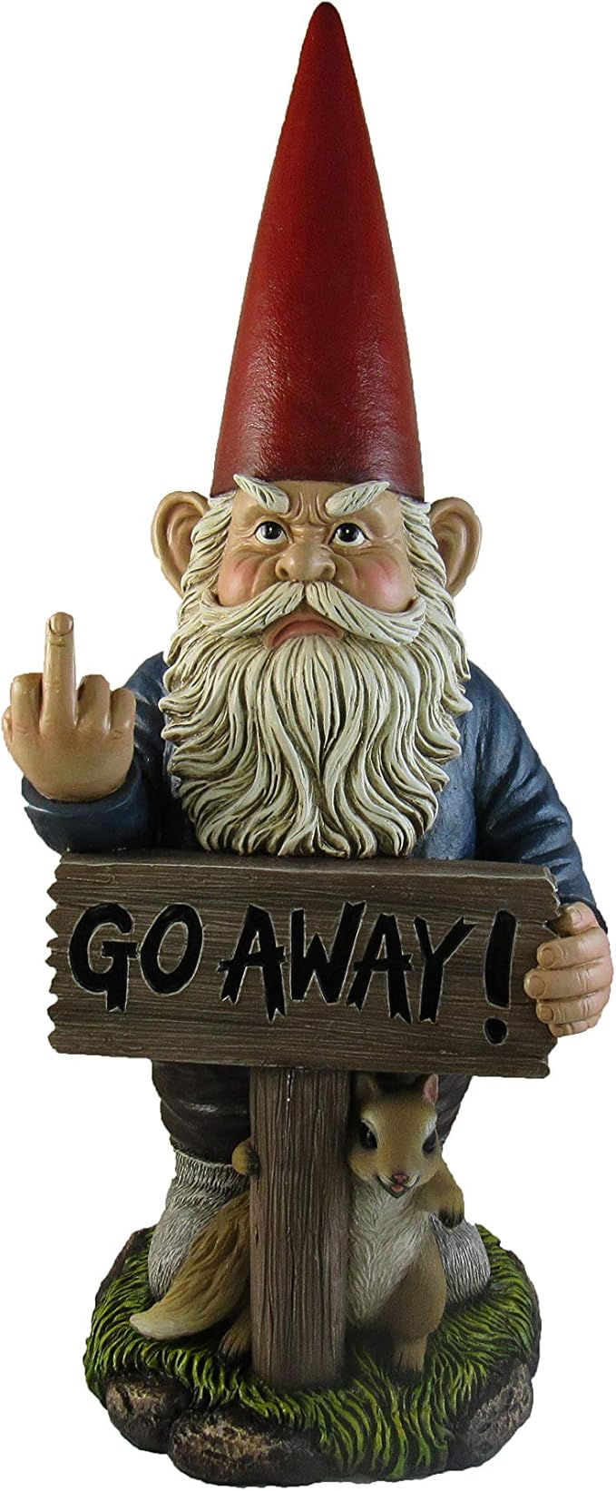 DWK Take A Hike Defiant Go Away Resin Garden Gnome Un-Welcome Sign - Red Hat Grumpy Rude Gesture Porch Statue - Standing 17.5 Inches Tall - Giving a One-Finger Salute