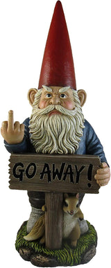 DWK Take A Hike Defiant Go Away Resin Garden Gnome Un-Welcome Sign - Red Hat Grumpy Rude Gesture Porch Statue - Standing 17.5 Inches Tall - Giving a One-Finger Salute