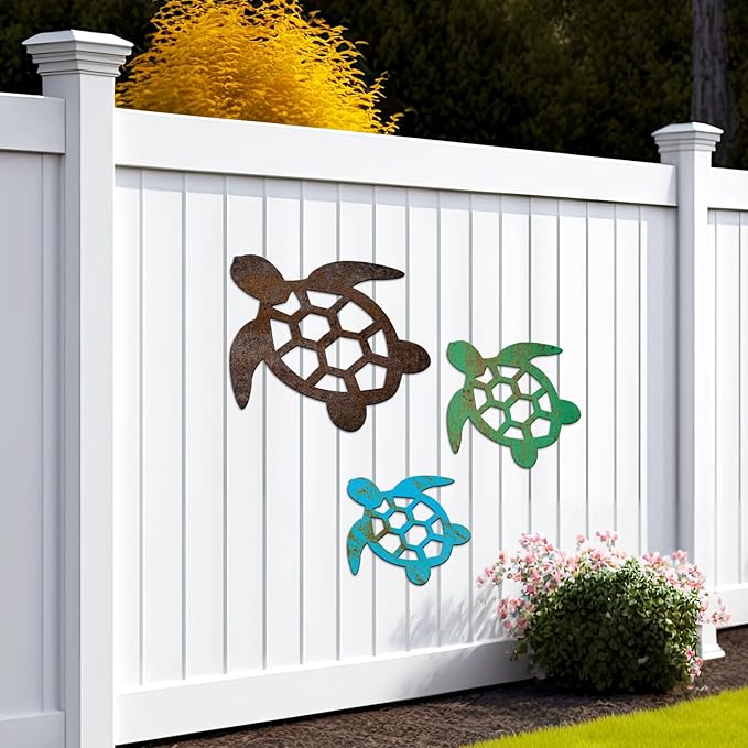Threehoney 3 Sizes Metal Sea Turtle Wall Art Decor Beach Ocean Nautical Coastal Theme Decor Vintage Farmhouse Turtle Hanging Decoration for Indoor Outdoor Garden Backyard Pool Patio Kitchen Bathroom