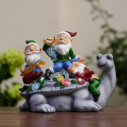 Solar Garden Outdoor Statues Gnome Turtle Three Gnomes Having Party on Turtle with 7 LED Lawn Decor Outside Decorations for Patio, Balcony, Yard Ornament Unique Garden Gift