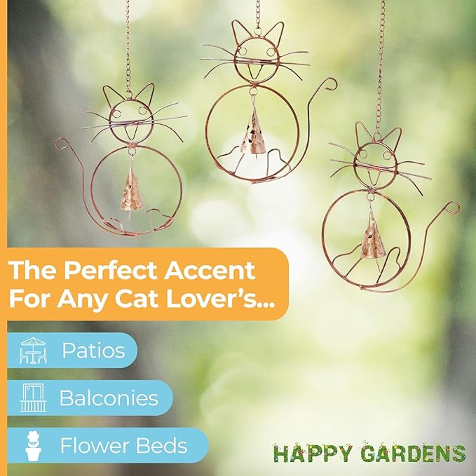 Happy Gardens Cat Wind Chimes with Three Bells | Outdoor Gifts for Cat Lovers | Home Decor for Garden and Patio