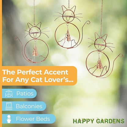 Happy Gardens Cat Wind Chimes with Three Bells | Outdoor Gifts for Cat Lovers | Home Decor for Garden and Patio