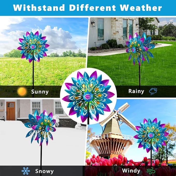Metal Wind Spinner,13” Wind Spinners Outdoor,Peacock Windmill with Stake,Kinetic Wind Spinners for Yard and Garden,Multi-Color Pinwheels Yard Wind Sculptures,Waterproof Spinner for Patio Lawn