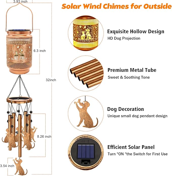2 Pack Dog Solar Wind Chimes for Outside, Gifts for Mothers Day Mom Women Grandma Birthday Memorial Teacher, 32" Windchimes Outdoor Decor Hanging Solar Lantern for Garden Porch Patio Backyard