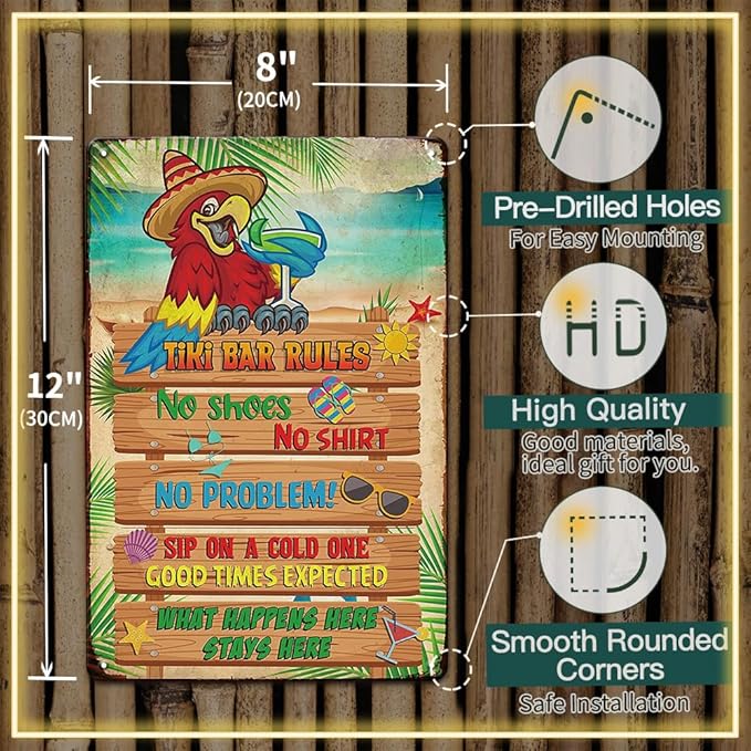 YOYI ART Funny Tiki Bar Rules Sign - Metal Patio Signs for Outside, Ourdoor, Vintage Tin Sign for Tiki Bar, Hawaii Theme, Beach, Yard, Pool, Garden and Patio Decor Wall Art Accessories, 8 x 12 inch