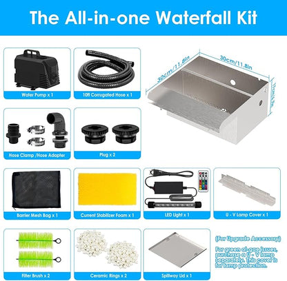 All-in-1 Pond Waterfall Kit with 800GPH Water Pump, 12-inch Stainless Steel Spillway with LED Light, 3-Stage Filtration Outdoor Waterfall for Garden, Backyard, Pool, Water Feature