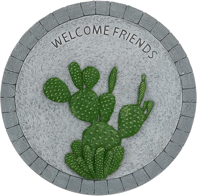 Landoraloria Cement Garden Stepping Stones Outdoor 10” Round Welcome Path Stones with Succulent Design Outdoor Yard & Patio Decor Hand-Painted Cactus Welcome Sign