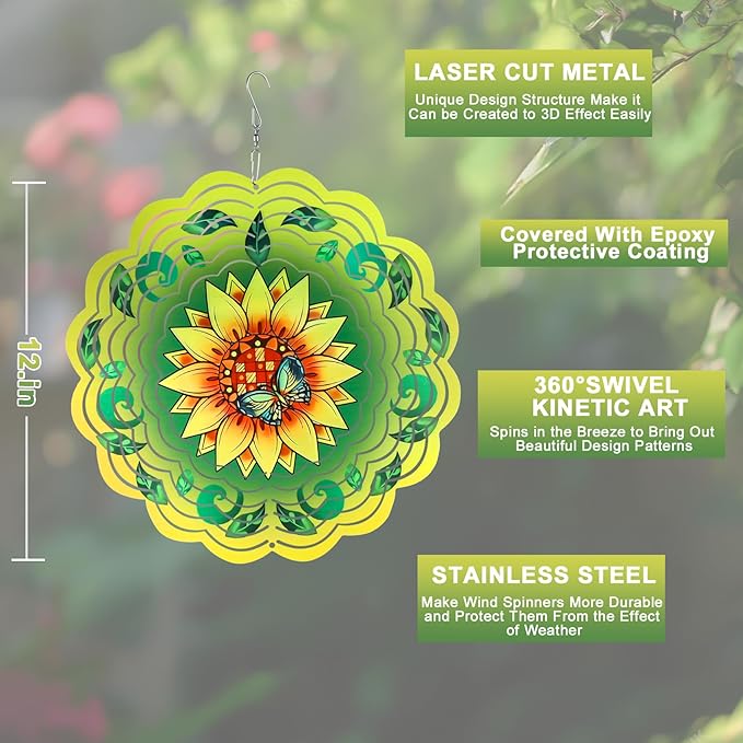 Wind Spinner Mandala 12 inch 3D Stainless Steel Laser Cut Metal Art Geometric Pattern Hanging Wind Spinner (Sunflower)