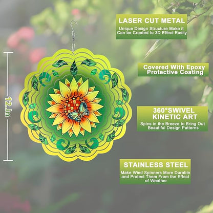 Wind Spinner Mandala 12 inch 3D Stainless Steel Laser Cut Metal Art Geometric Pattern Hanging Wind Spinner (Sunflower)