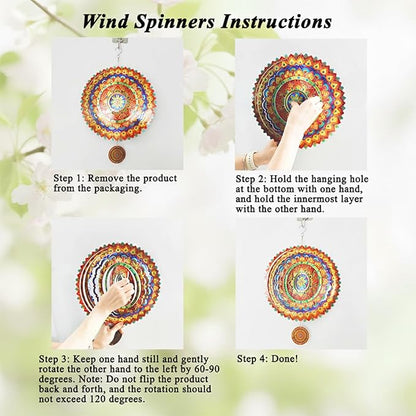 2 Pack Garden Wind Spinners Outdoor Mandala 3D Stainless Steel 12 Inch Patio Garden Decorations Multi Color Hanging Wind Spinners for Porch