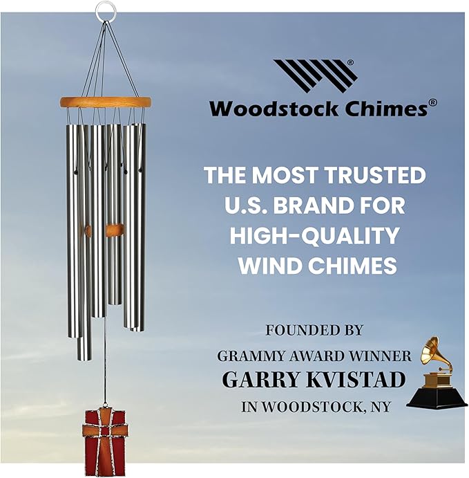 Woodstock Wind Chimes for Outside, Outdoor Decor, Garden, Patio and Front Porch Decor, (28") Memorial Sympathy Wind Chimes Amazing Grace Wind Chime Stained Glass Cross Christmas Gifts (AGS)