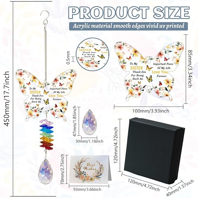 GLOBLELAND Flowers Crystal Suncatcher Gifts for Sisters Butterfly-Shaped Crystal Suncatcher Hanging Ornament Birthday Graduation Anniversary Presents for Sister Bestie Good Friends