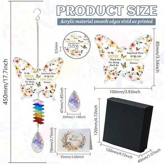 GLOBLELAND Flowers Crystal Suncatcher Gifts for Sisters Butterfly-Shaped Crystal Suncatcher Hanging Ornament Birthday Graduation Anniversary Presents for Sister Bestie Good Friends