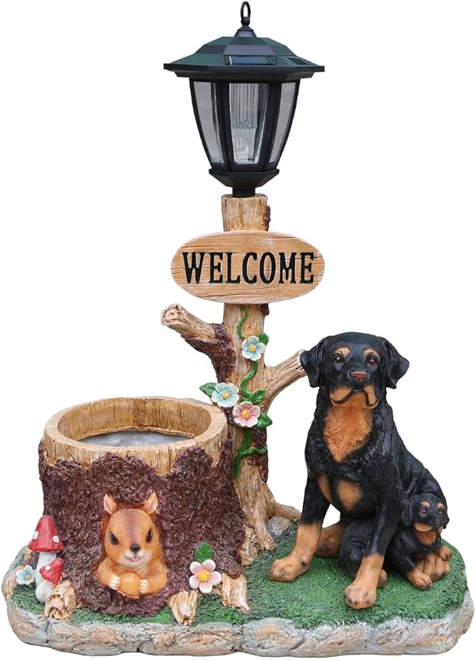 Solar Garden Statue with Planter & Solar Lantern, Outdoor Resin Animal Sculpture, Waterproof Yard Lawn Decor Pot for Succulents, Front Porch Ornament Housewarming Gift (Mother and Son Rottweilers)