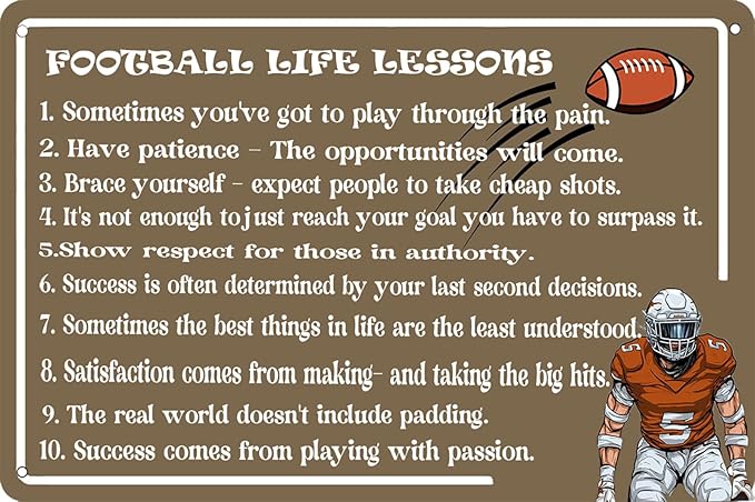 Football Life Lessons Metal Sign Vintage Retro Beer Bar Pub Home Poster Cafe Wall Art Decor 8x12 Inch