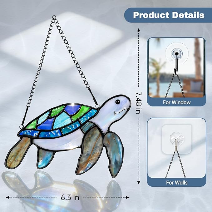 Sea Turtle Suncatcher Decor,Handmade Stained Glass Window Hanging Ornament,Spring Summer Home Decor for Indoor Outdoor,Mother's Day Housewarming Gifts for Turtle Lovers