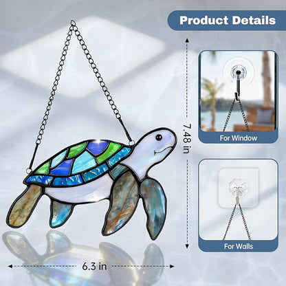 Sea Turtle Suncatcher Decor,Handmade Stained Glass Window Hanging Ornament,Spring Summer Home Decor for Indoor Outdoor,Mother's Day Housewarming Gifts for Turtle Lovers