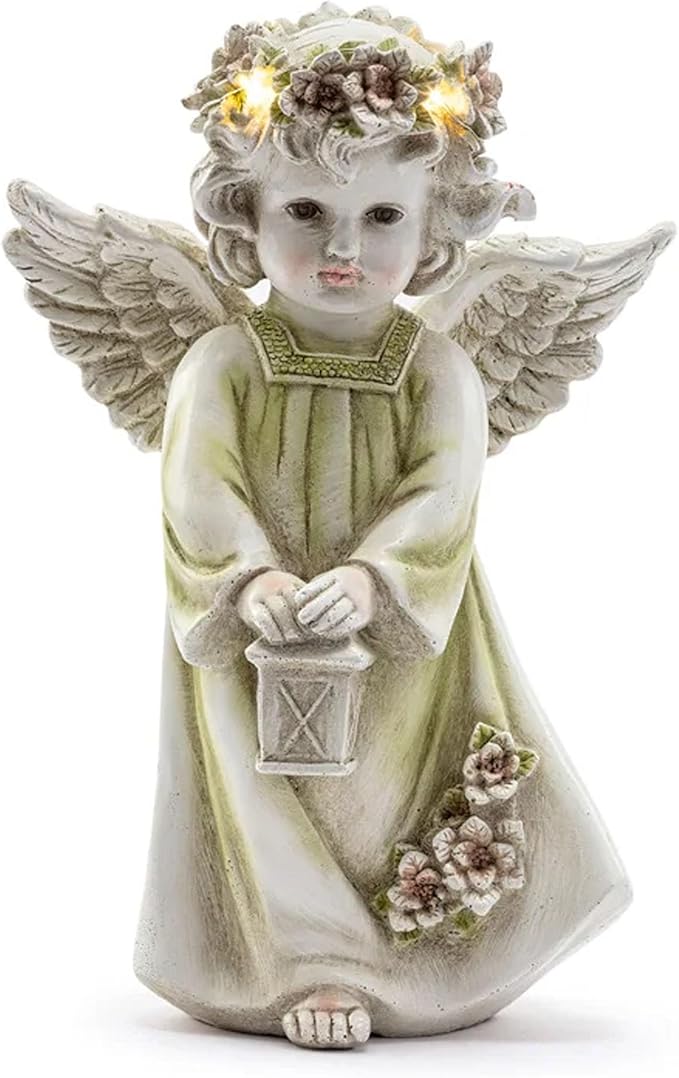 Napco LED Light-up Halo Cherub Angel Wings 10 x 6.5 x 4.5 inches Tan and Green Resin Stone Collectible Figurine Statue Sculpture, Indoor Outdoor Garden Décor