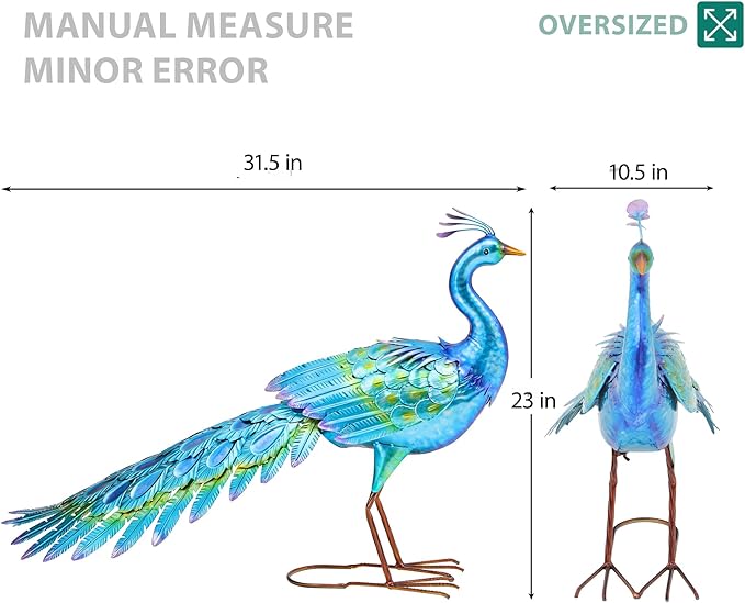 31" L Metal Peacock Garden Statue, Handcrafted Walking Peacock Large Outdoor Yard Art Decor with Iridescent Blue & Green Finish & Ground Stakes, Lifelike Sculpture for Garden Lawn Flowerbed