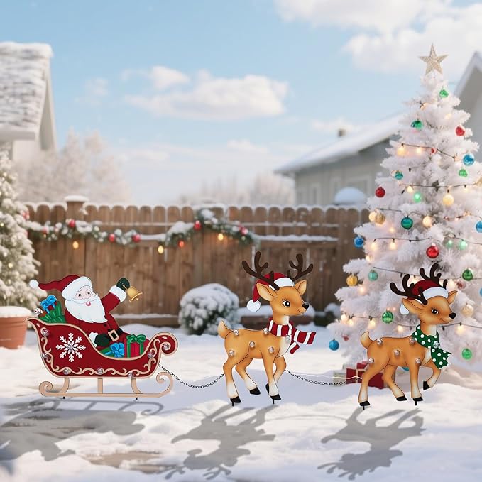 WONDER GARDEN Christmas Metal Yard Stakes, Lighted 3 Pack Christmas Garden Stakes Yard Signs, Outdoor Decorations with Santa Sleigh and Reindeer for Lawn Party Outside