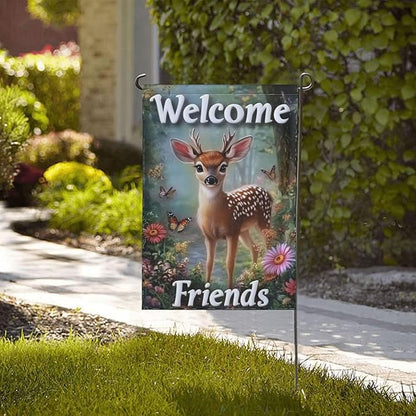 Beautiful Deer Garden Flags 12×18 Inch Welcome Friends Double Sided Decorative Yard Banner Seasonal Flag for Outdoor Outside Decor