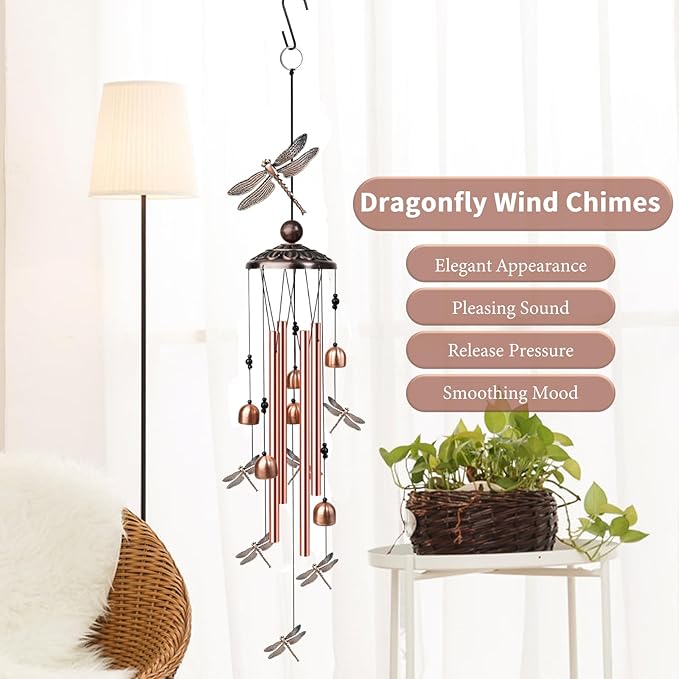 Dragonfly Wind Chimes for Outside, Decorative Wind Chimes with 4 Aluminum Tubes Hanging Bells, Memorial Windchimes Outdoors with S Hook for Patio Garden Decor, Unique Gift for Mom Grandma