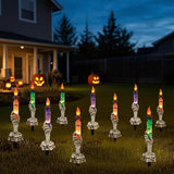 WATERGLIDE Halloween Decoration Candle Light Stakes, 10 Pack Skeleton Hands Hold Lighted Candle Pathway Makers, Waterproof Battery Operated with Timer, Light Up Figurine for Outdoor Holiday Party