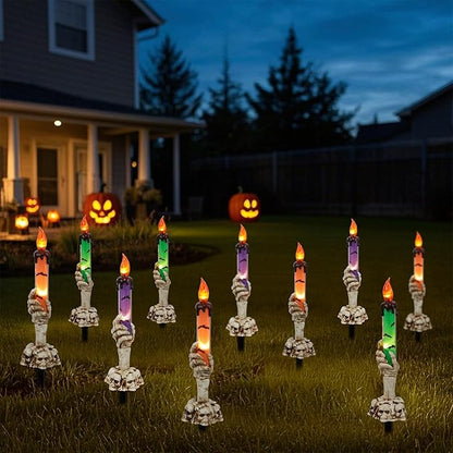 WATERGLIDE Halloween Decoration Candle Light Stakes, 10 Pack Skeleton Hands Hold Lighted Candle Pathway Makers, Waterproof Battery Operated with Timer, Light Up Figurine for Outdoor Holiday Party