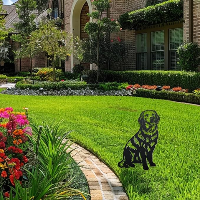 WADORN Adorable Golden Retriever Metal Decorative Garden Stakes, Black Iron Outdoor Sculpture, Freestanding, Durable, Waterproof