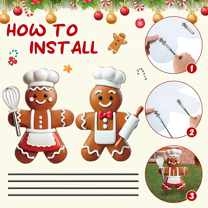 2 Pack Christmas Yard Stakes Metal Stakes 3D Boy and Girl Yard Sign Christmas Outdoor Decorations for Outside Holiday Xmas Winter Ornament Lawn Pathway(Ginger Cake Chef)