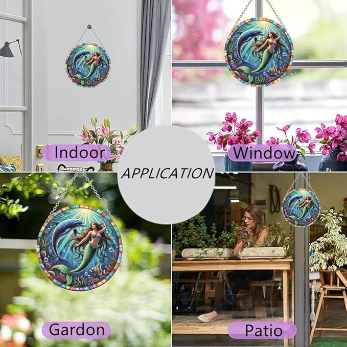 Mermaid and Dolphin Stained Window Hangings – Acrylic Ocean Ornament for Garden, Patio and Indoor Decor, Housewarming Gift for Mom, Grandma and Marine Life Lovers
