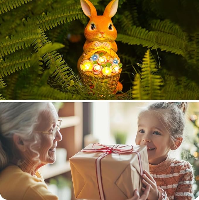 Garden Rabbit Statue Solar Light Outdoor Decorations Rabbit Figurine Light for Outdoor Patio Balcony Yard Porch Lawn for Women Mom Grandma Family Friend