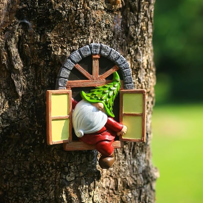 Mini Garden Gnomes Elf Out The Door Tree Hugger 5.8" Garden Statue Hanging Garden Gnomes Outdoor Decorations Tree Faces Decor Outdoor for Fairy Garden Patio Lawn Porch (Red