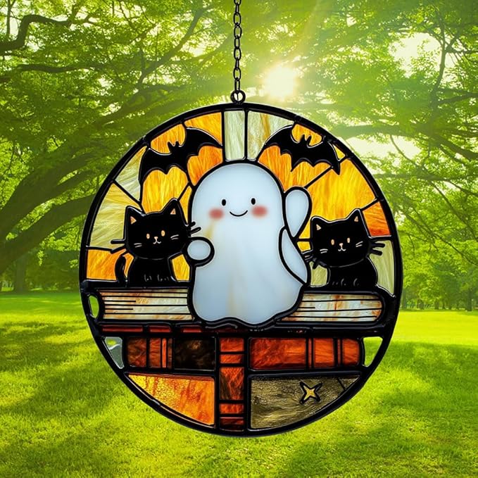 Funny Halloween Ghosts and Books Acrylic Suncatcher Stained Glass Effect Window Car Hanging Christmas Ornament Indoor Outdoor Decor Garden Sun Catcher Panel for Book Lover for Women Mom Grandma