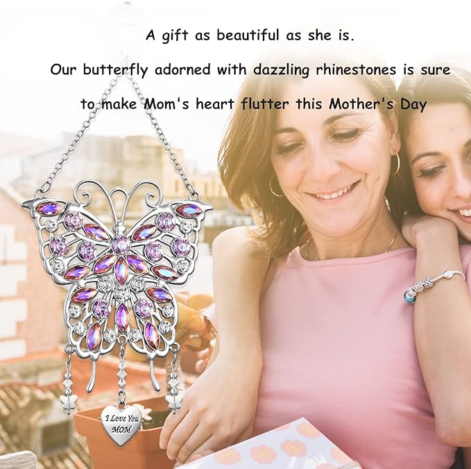 VIVIKEN Mother's Day Rhinestones Butterfly Window Decor Wind Chime Hanging Ornament for Garden House, Glittering Gifts from Son Daughter Mom Mothers Birthday Christmas