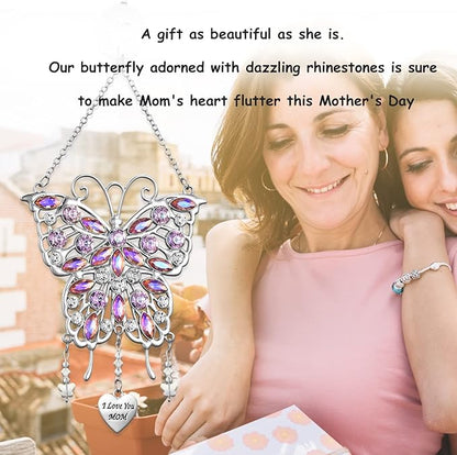 VIVIKEN Mother's Day Rhinestones Butterfly Window Decor Wind Chime Hanging Ornament for Garden House, Glittering Gifts from Son Daughter Mom Mothers Birthday Christmas