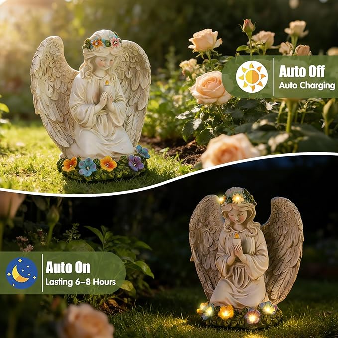 Garden Angel Statues for Outside, Solar Praying Angels Outdoor Statue Decor, Resin Figurine Sculpture for Patio Yard Lawn Birthday Christmas Sentimental Gifts for Mom Grandma Women Mother in Law