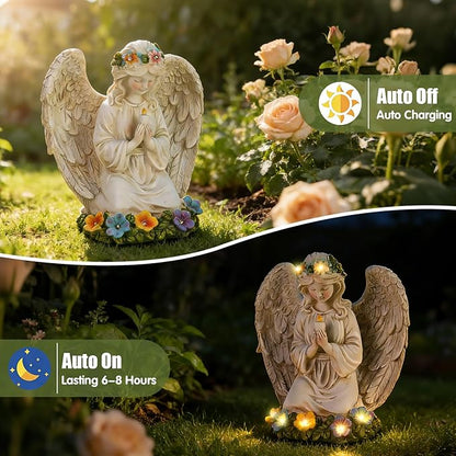 Garden Angel Statues for Outside, Solar Praying Angels Outdoor Statue Decor, Resin Figurine Sculpture for Patio Yard Lawn Birthday Christmas Sentimental Gifts for Mom Grandma Women Mother in Law
