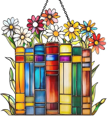 Jesuspirit - Window Hanging Suncatcher – Crystal Clear Acrylic & Wood Sun Catcher for Home Decor, for Women (Flower Book Library Decor, 6 Inches)