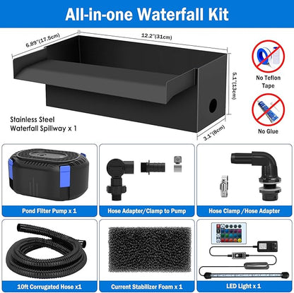 AquaMiracle Pond Waterfall Kit with Lights | 12" Stainless Steel Waterfall Spillway & 850GPH Water Pump | 4-Stage Filtration | Remote Control LED | for Pond, Pool, Backyard | for 500-750 Gal Water