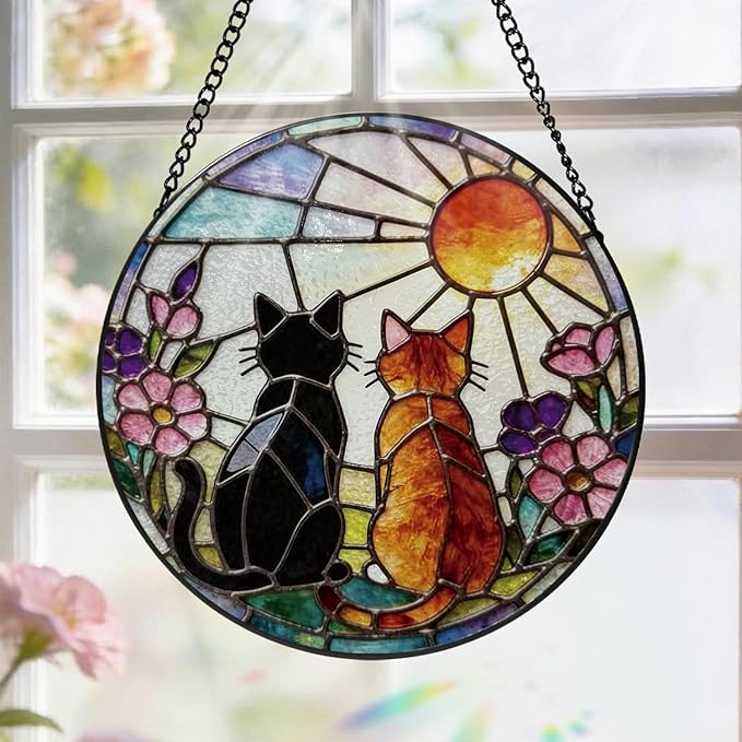 Stained Glass Window Hanging, 8 Inch Black Orange Cat Suncatcher, Sun Catchers Indoor Window, Pet Suncatchers for Windows Hanging, Spring Home Garden Decor Panel, Cat Lover Memorial Gifts for Mom