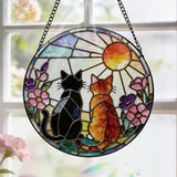 Stained Glass Window Hanging, 8 Inch Black Orange Cat Suncatcher, Sun Catchers Indoor Window, Pet Suncatchers for Windows Hanging, Spring Home Garden Decor Panel, Cat Lover Memorial Gifts for Mom
