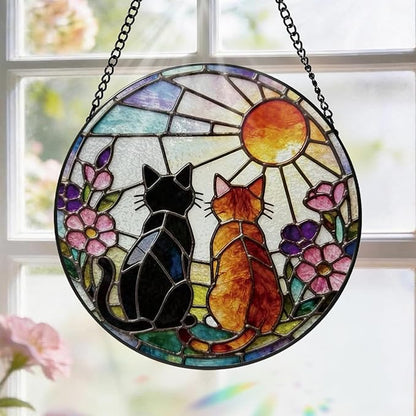 Stained Glass Window Hanging, 8 Inch Black Orange Cat Suncatcher, Sun Catchers Indoor Window, Pet Suncatchers for Windows Hanging, Spring Home Garden Decor Panel, Cat Lover Memorial Gifts for Mom